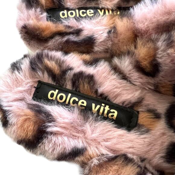 Dolce Vita Leopard Print Faux Fur Cross Band Slippers Womens Cozy Plush Slides 6 - Picture 2 of 8